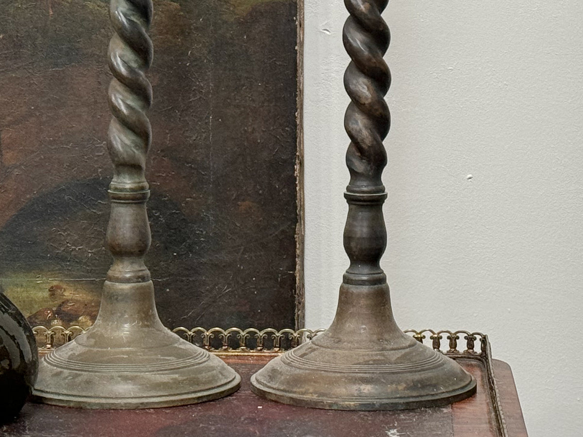 A Pair of Tall 19th Century Cast Brass Barley Twist Lamps