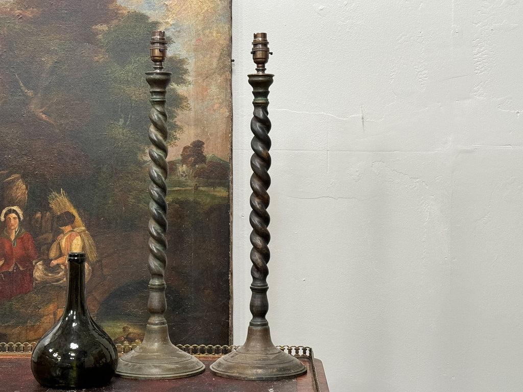 A Pair of Tall 19th Century Cast Brass Barley Twist Lamps