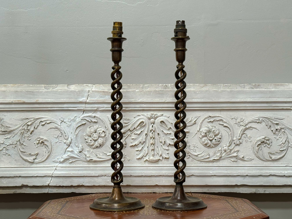 A Pair of 19th Century Open Barley Twist Cast Brass Lamps