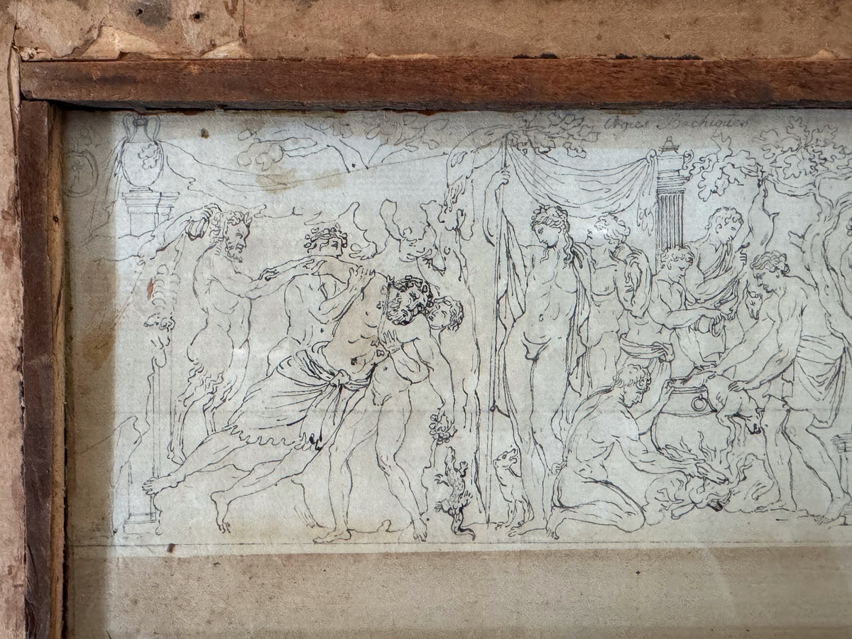 Early 19th Century Framed Ink Sketches of Bacchanalian