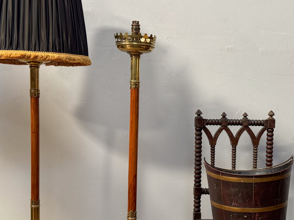 A Pair of Early 20th Century Brass and Oak Standard Lamps