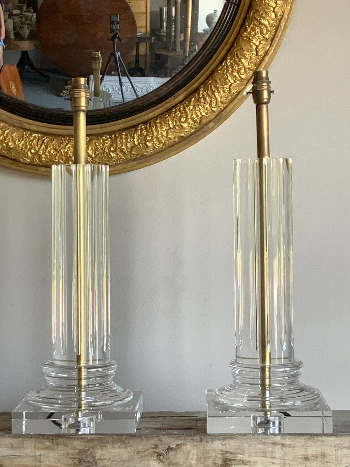 A Pair of Large Glass Column Lamps