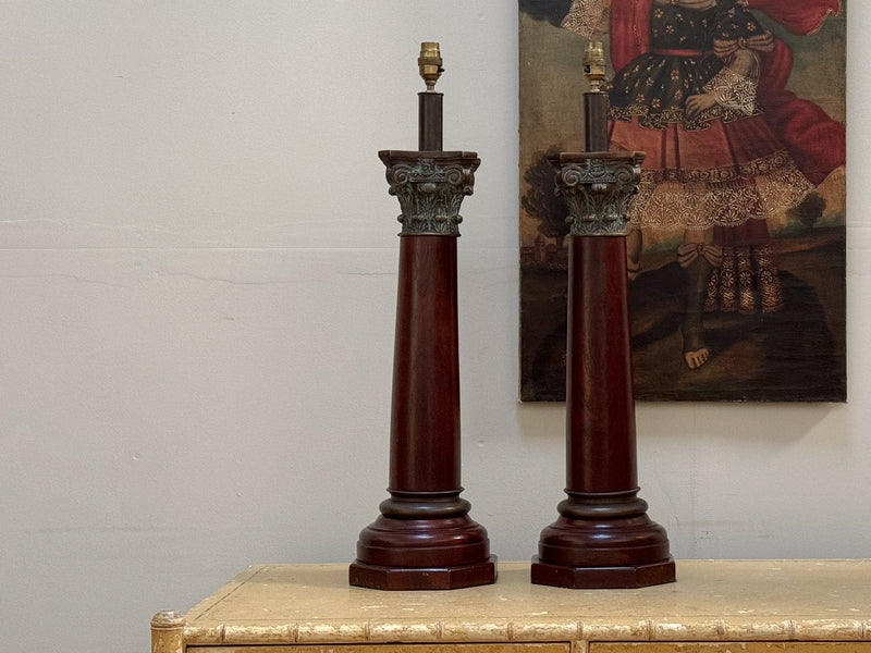 A Large Pair of Late 19th Century Mahogany Column Lamps