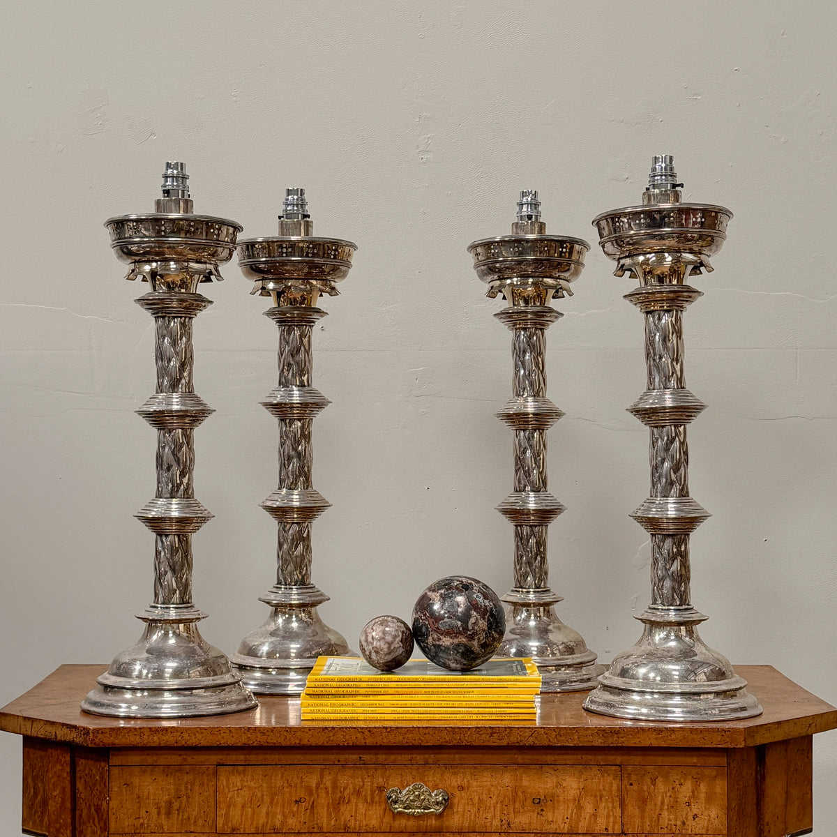 A Set of Four Large 19th Century Silver Lamps