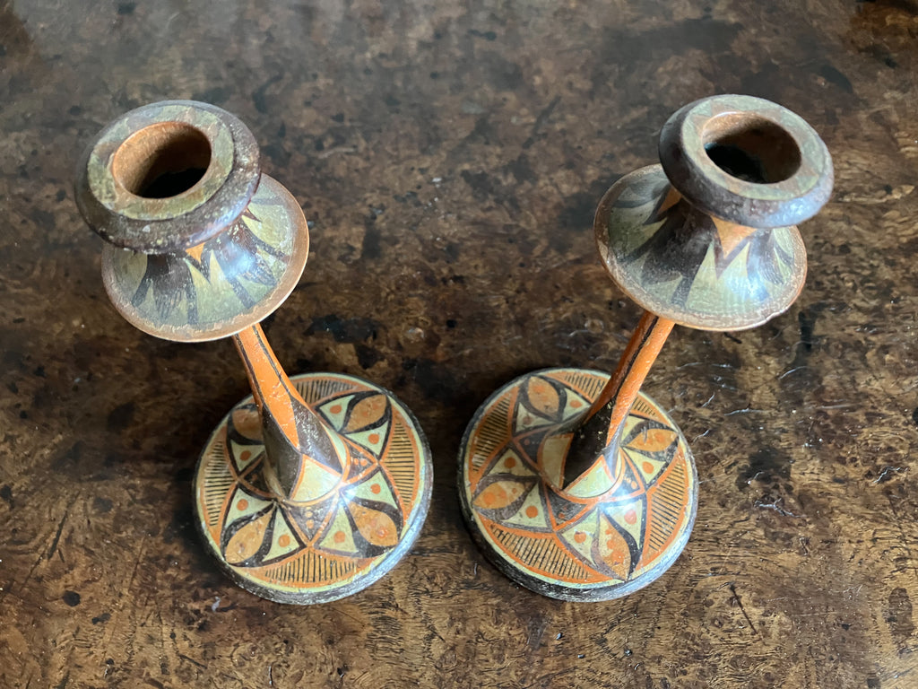 A Pair of Early 20th Century Painted Candlesticks