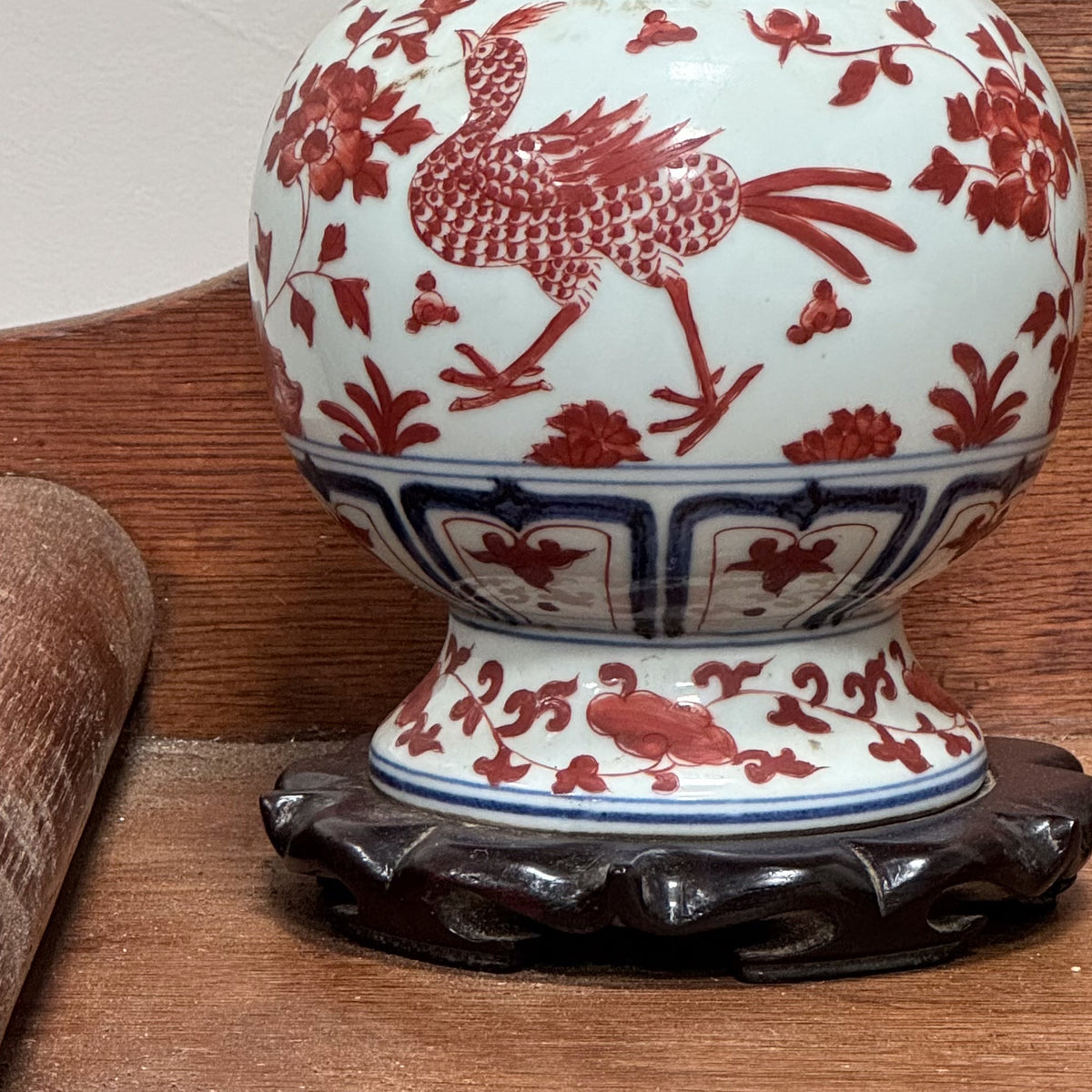 A Chinese Blue, White and Red Ceramic Hu Vase Lamp