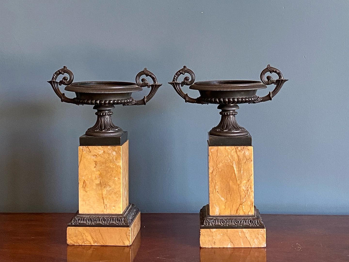 A Pair of Louis Philippe Patinated Bronze and Marble Urns