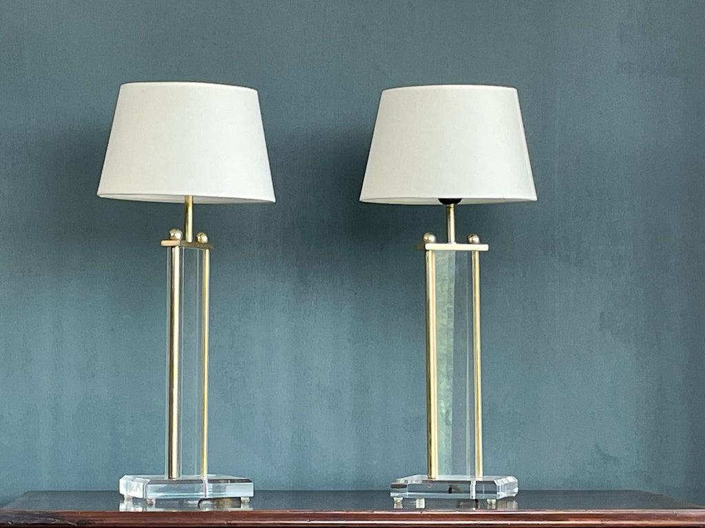 A Pair of 1960's Lucite and Brass Lamps