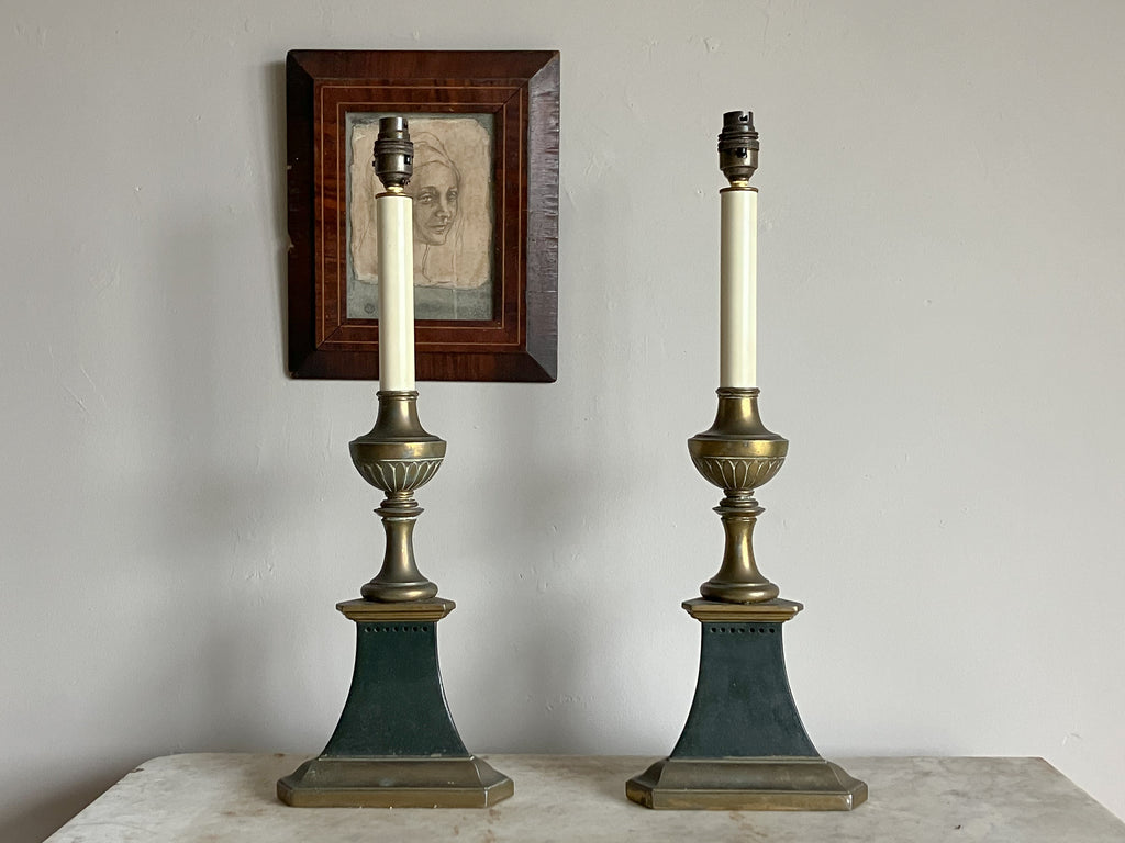 A Pair of Early 20th Century Brass and Toleware Lamps