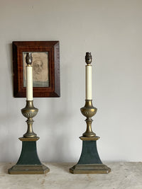 A Pair of Early 20th Century Brass and Toleware Lamps