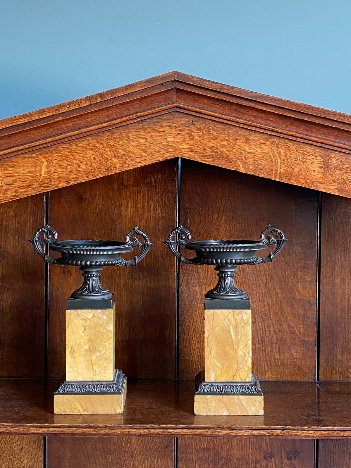 A Pair of Louis Philippe Patinated Bronze and Marble Urns