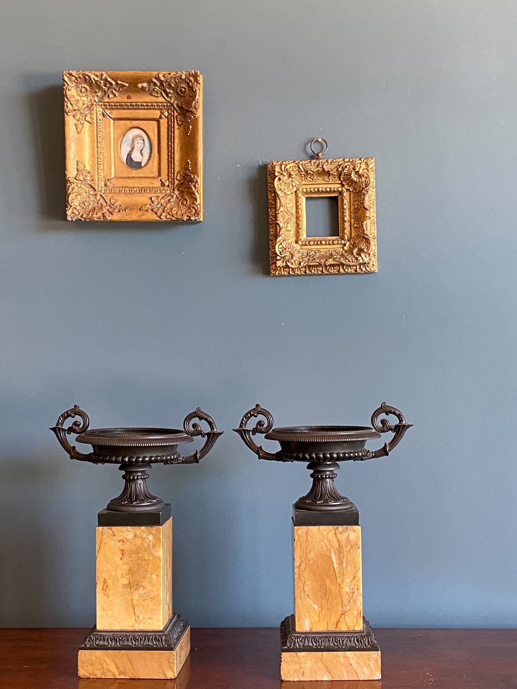 A Pair of Louis Philippe Patinated Bronze and Marble Urns