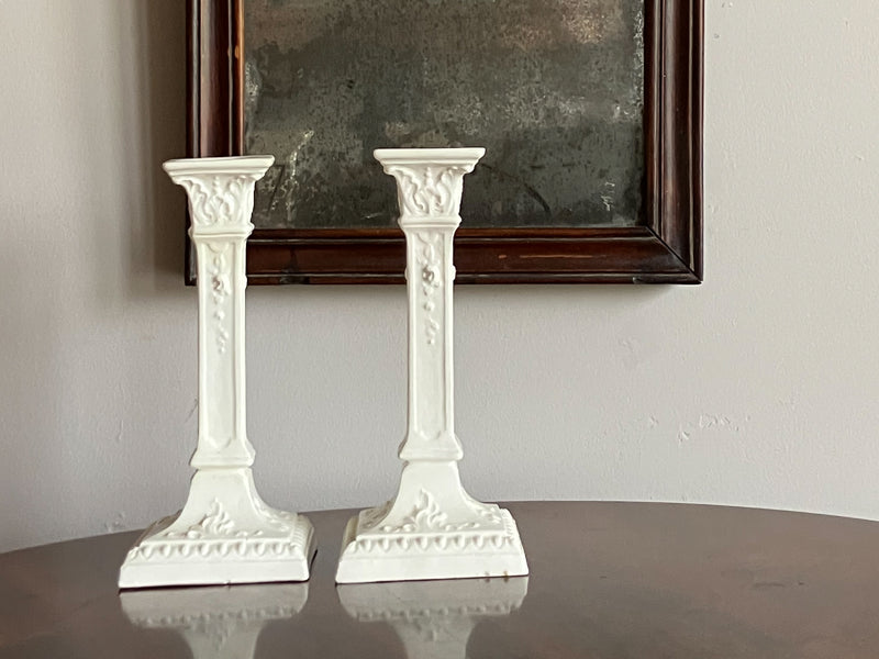 A Pair of Early 19th Century Creamware Columnar Candlesticks